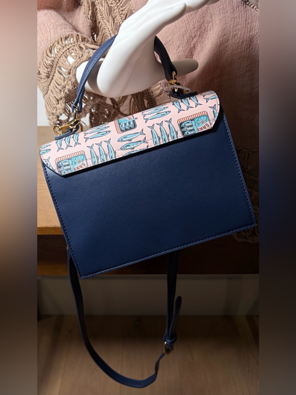 Betsey Johnson SARDINE BAG Pink & Navy Fish-Print Crossbody Satchel - Picture 11 of 15